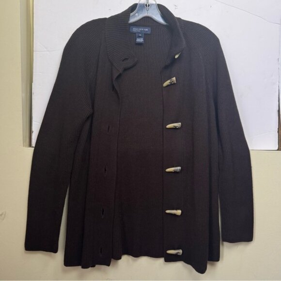 Jones NY Ribbed Wool Angora Cardigan Toggle Button Knit Sweater Jacket Top Tan M - Picture 3 of 16